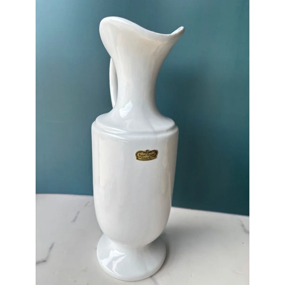 Vintage Royal Haeger White Blue Floral Ceramic Pitcher Vase Ewer Dundee IL 12in